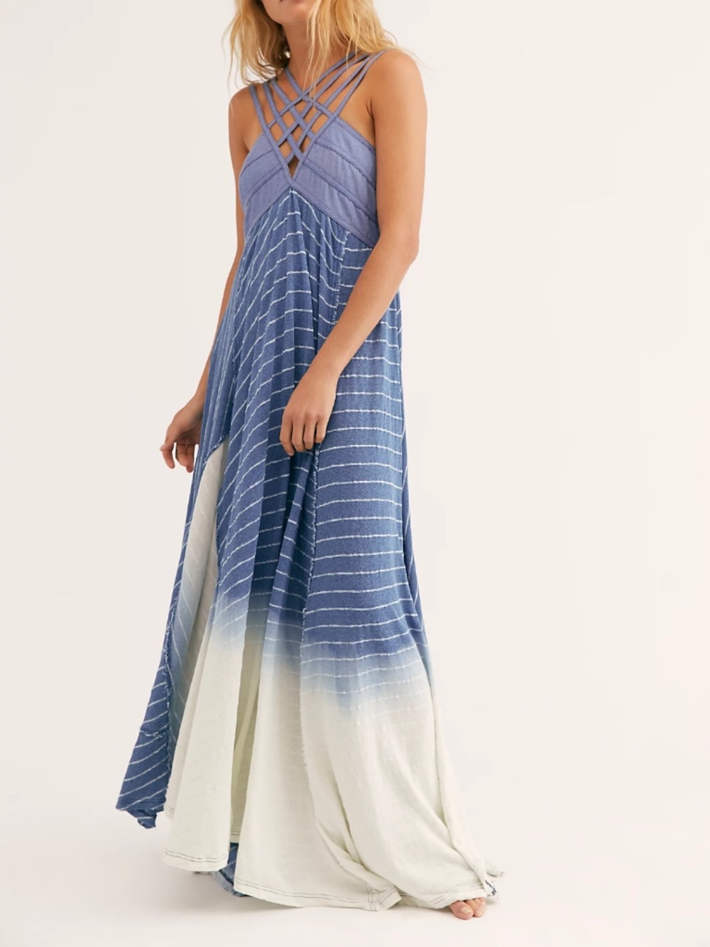 Free People Dreamweaver Chambray Denim Top Maxi Dress 4 Beachy Flowy Boho NWT